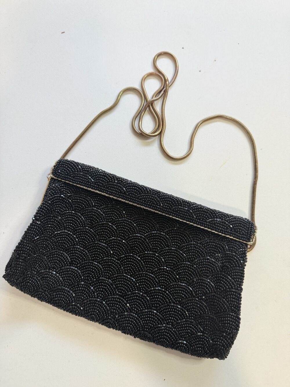 Vintage 1960s Walborg Hong Kong Black Beaded Evening Bag Purse Gold Chain